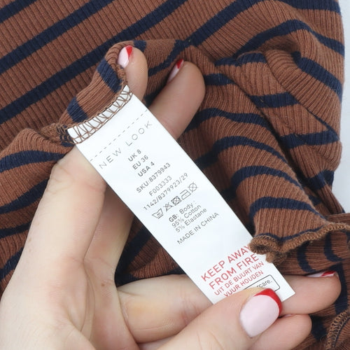 New Look Women’s Brown Striped Collared Cropped Long Sleeve Top Size 8