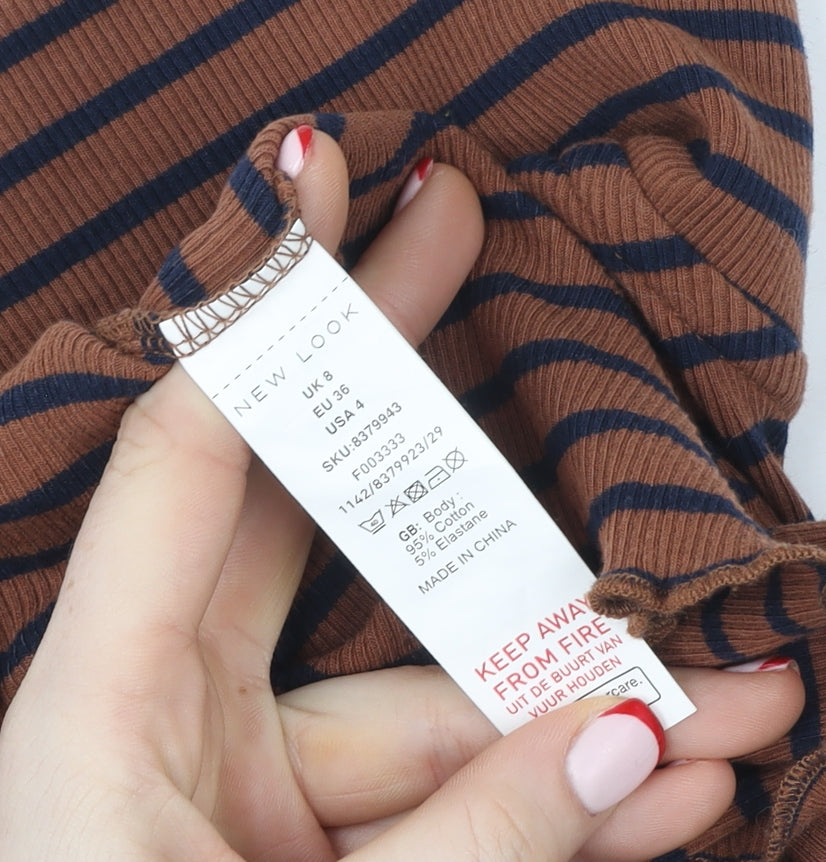 New Look Women’s Brown Striped Collared Cropped Long Sleeve Top Size 8