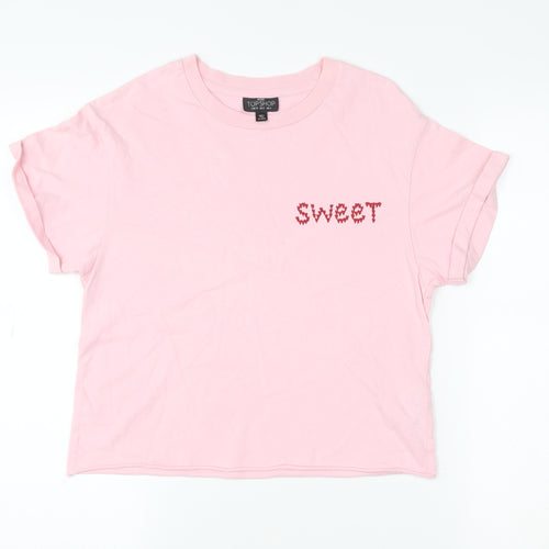 Topshop Petite Women Pink Embroidered 'Sweet' Cotton T-Shirt UK 4