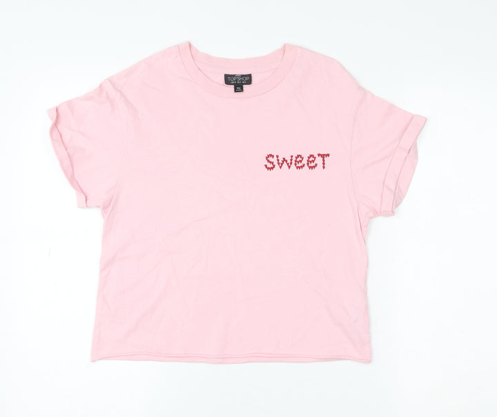 Topshop Petite Women Pink Embroidered 'Sweet' Cotton T-Shirt UK 4