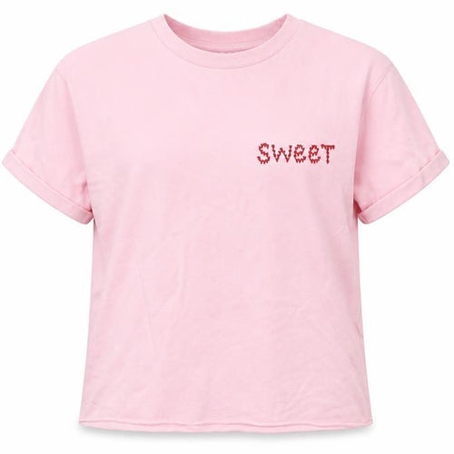 Topshop Petite Women Pink Embroidered 'Sweet' Cotton T-Shirt UK 4