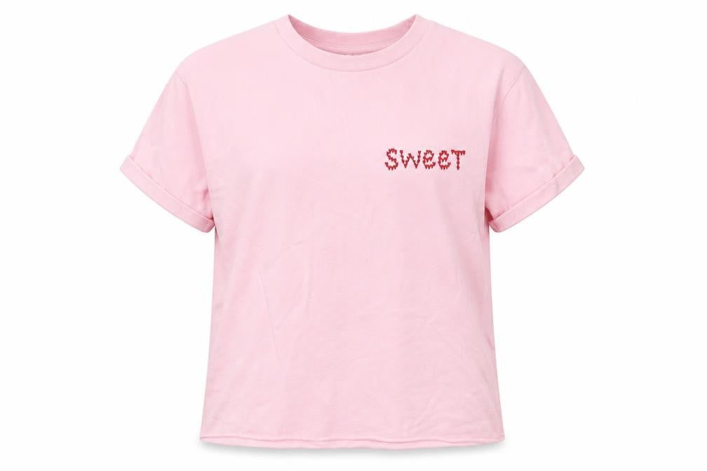 Topshop Petite Women Pink Embroidered 'Sweet' Cotton T-Shirt UK 4