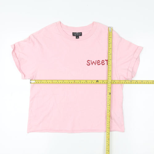 Topshop Petite Women Pink Embroidered 'Sweet' Cotton T-Shirt UK 4