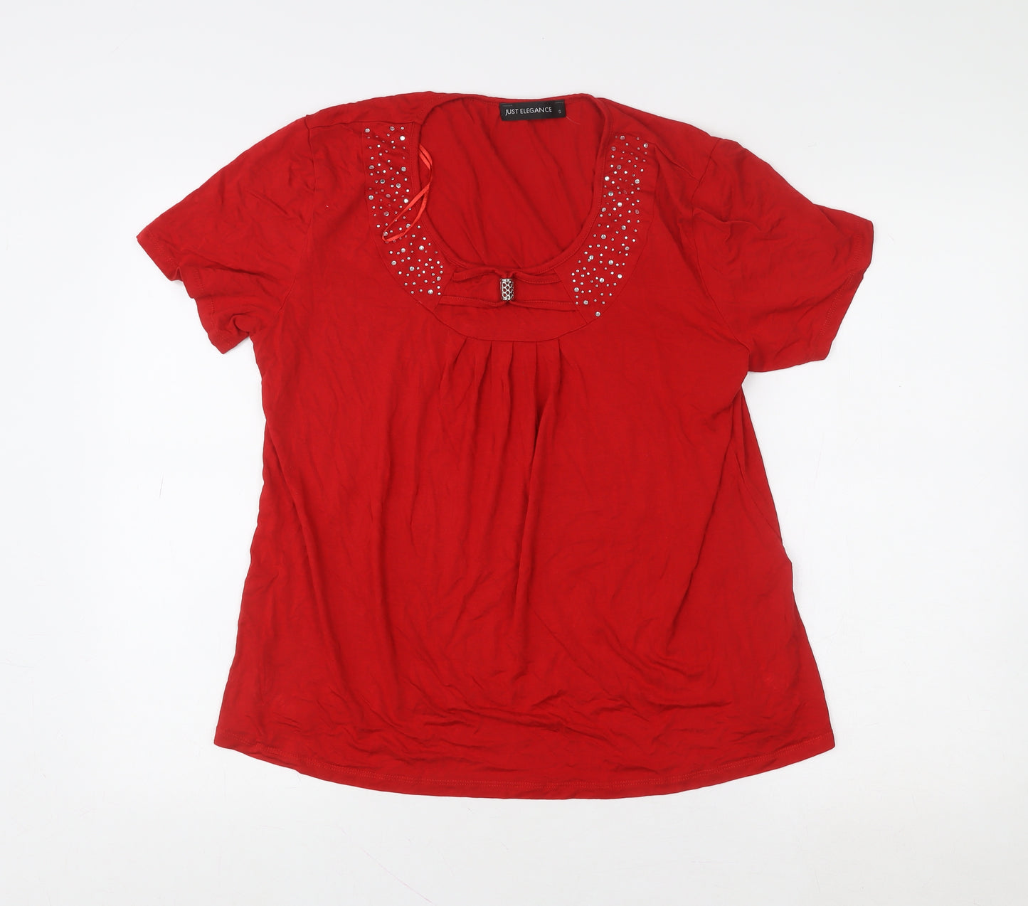 Just Elegance Women’s Red Rhinestone Bow Short Sleeve Viscose Top Size S