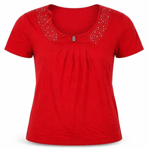 Just Elegance Women’s Red Rhinestone Bow Short Sleeve Viscose Top Size S