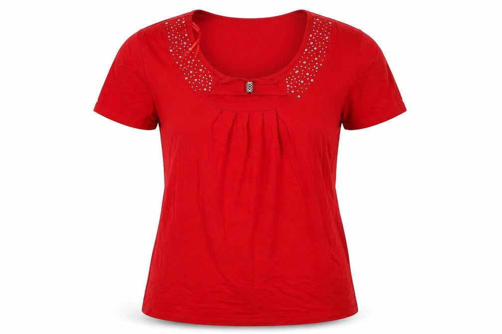 Just Elegance Women’s Red Rhinestone Bow Short Sleeve Viscose Top Size S