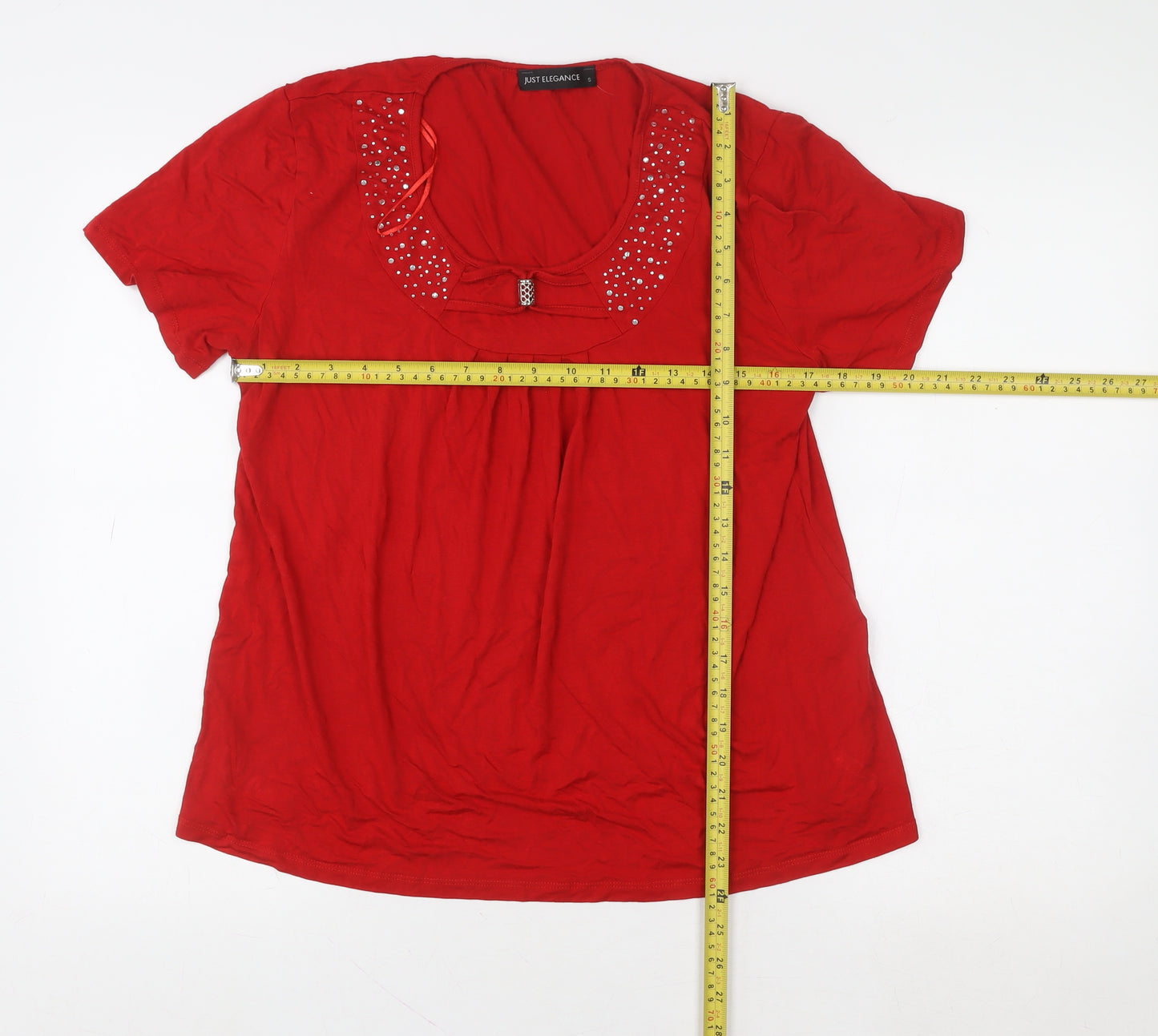 Just Elegance Women’s Red Rhinestone Bow Short Sleeve Viscose Top Size S