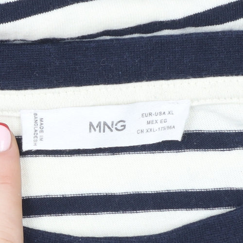 MNG Women Blue & White Striped Pullover Sweatshirt XL Cotton