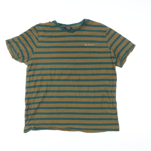 Ben Sherman Men's Green & Brown Striped Cotton T-Shirt XL