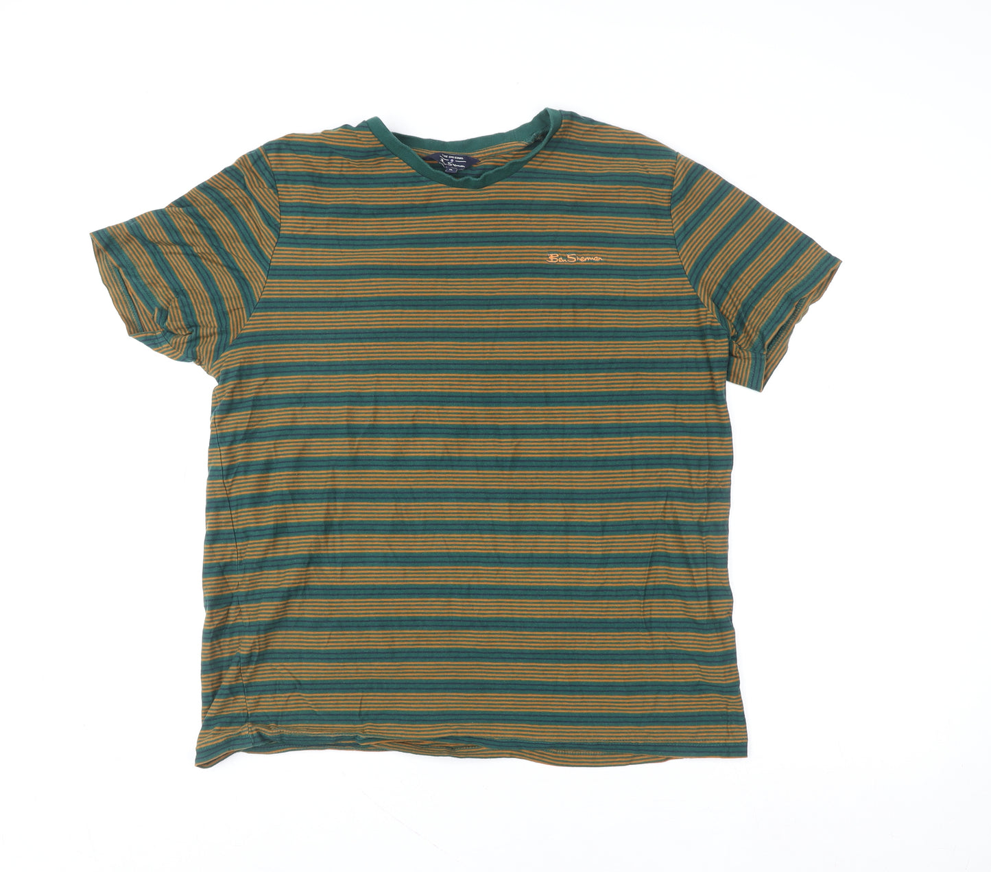Ben Sherman Men's Green & Brown Striped Cotton T-Shirt XL
