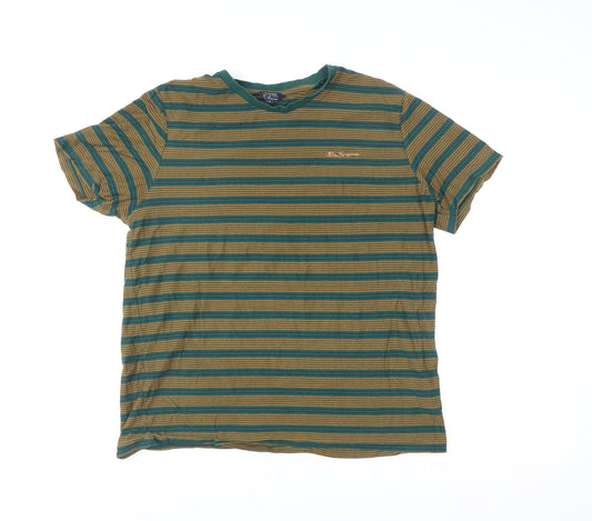Ben Sherman Men's Green & Brown Striped Cotton T-Shirt XL