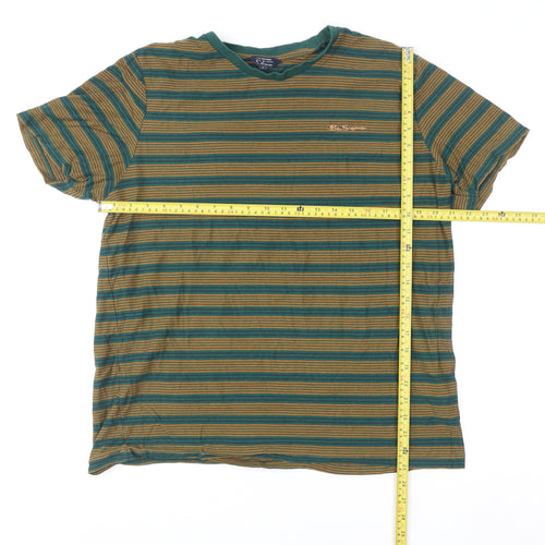 Ben Sherman Men's Green & Brown Striped Cotton T-Shirt XL