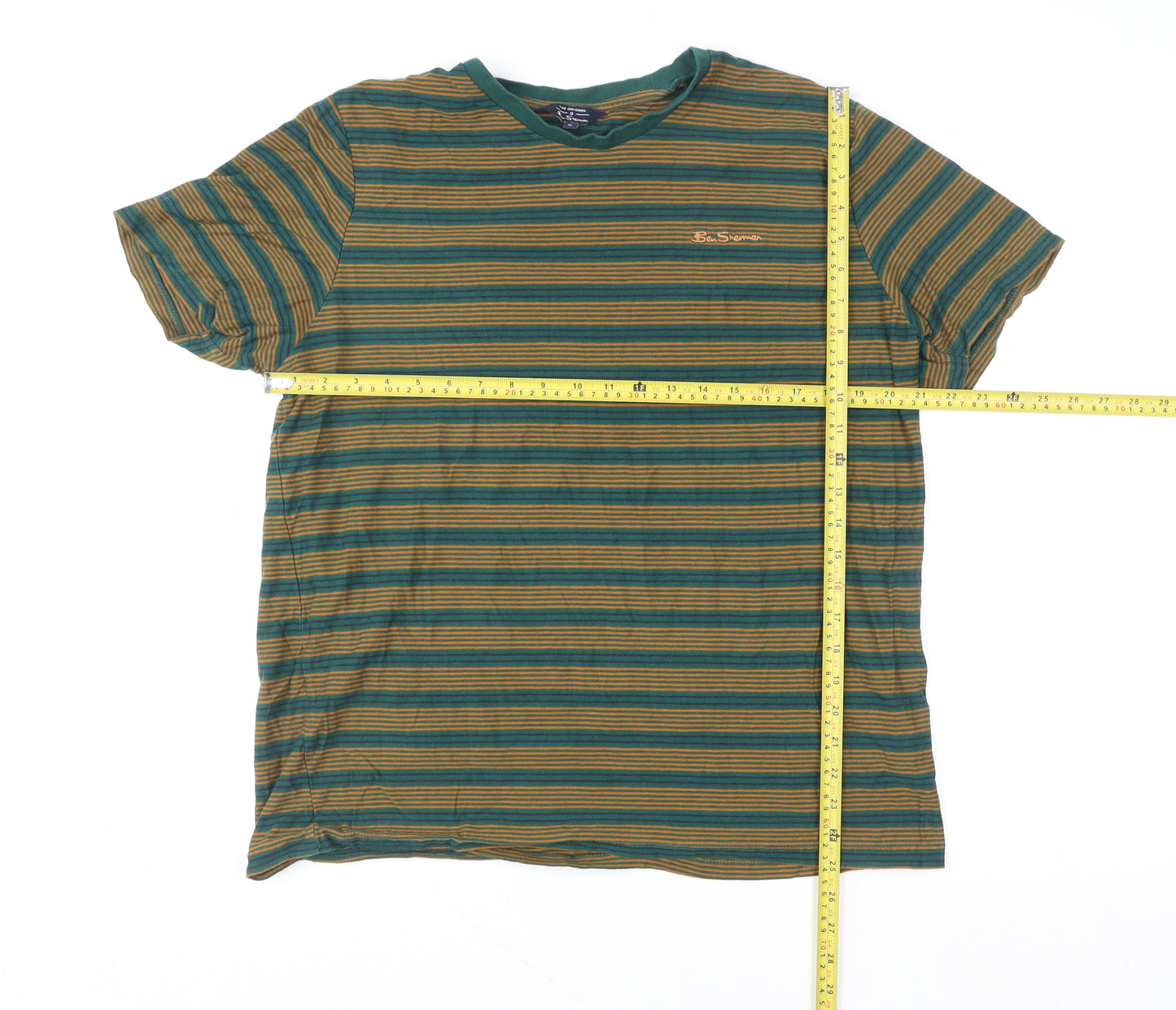 Ben Sherman Men's Green & Brown Striped Cotton T-Shirt XL