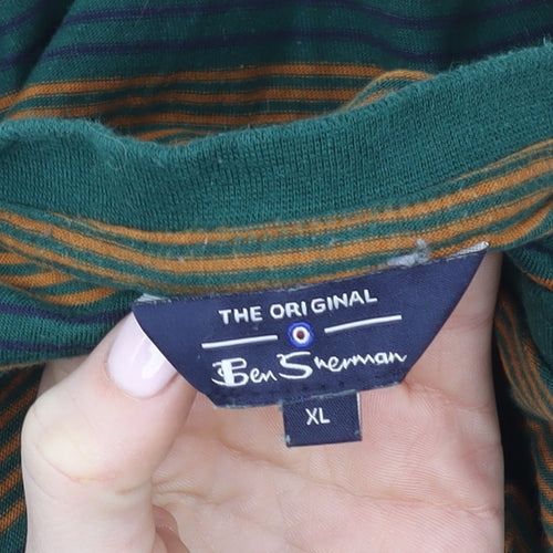 Ben Sherman Men's Green & Brown Striped Cotton T-Shirt XL