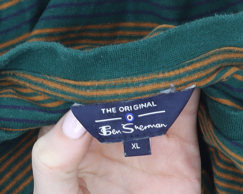 Ben Sherman Men's Green & Brown Striped Cotton T-Shirt XL