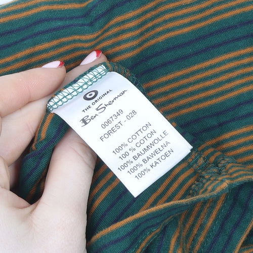 Ben Sherman Men's Green & Brown Striped Cotton T-Shirt XL