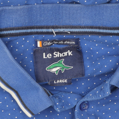 Le Shark Men Blue Polka Dot Polo Shirt Size L Short Sleeve Cotton