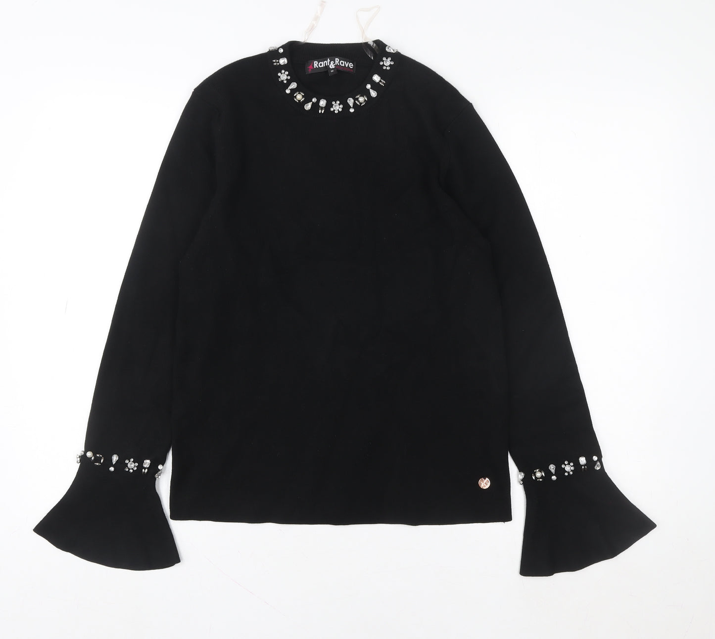 Rant & Rave Women’s Black Beaded Knit Blouse Size 12 Long Sleeve