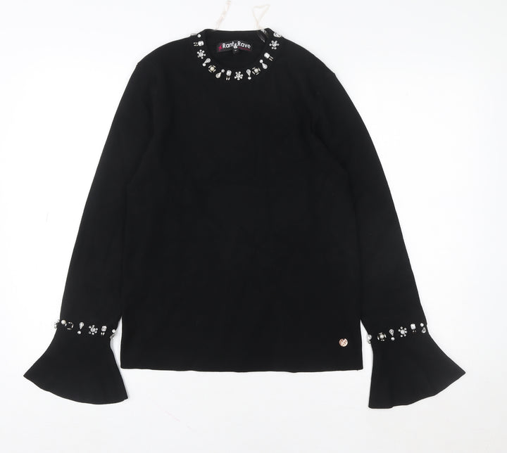 Rant & Rave Women’s Black Beaded Knit Blouse Size 12 Long Sleeve