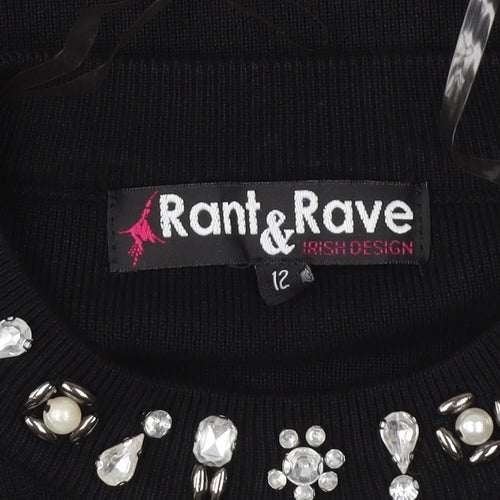 Rant & Rave Women’s Black Beaded Knit Blouse Size 12 Long Sleeve