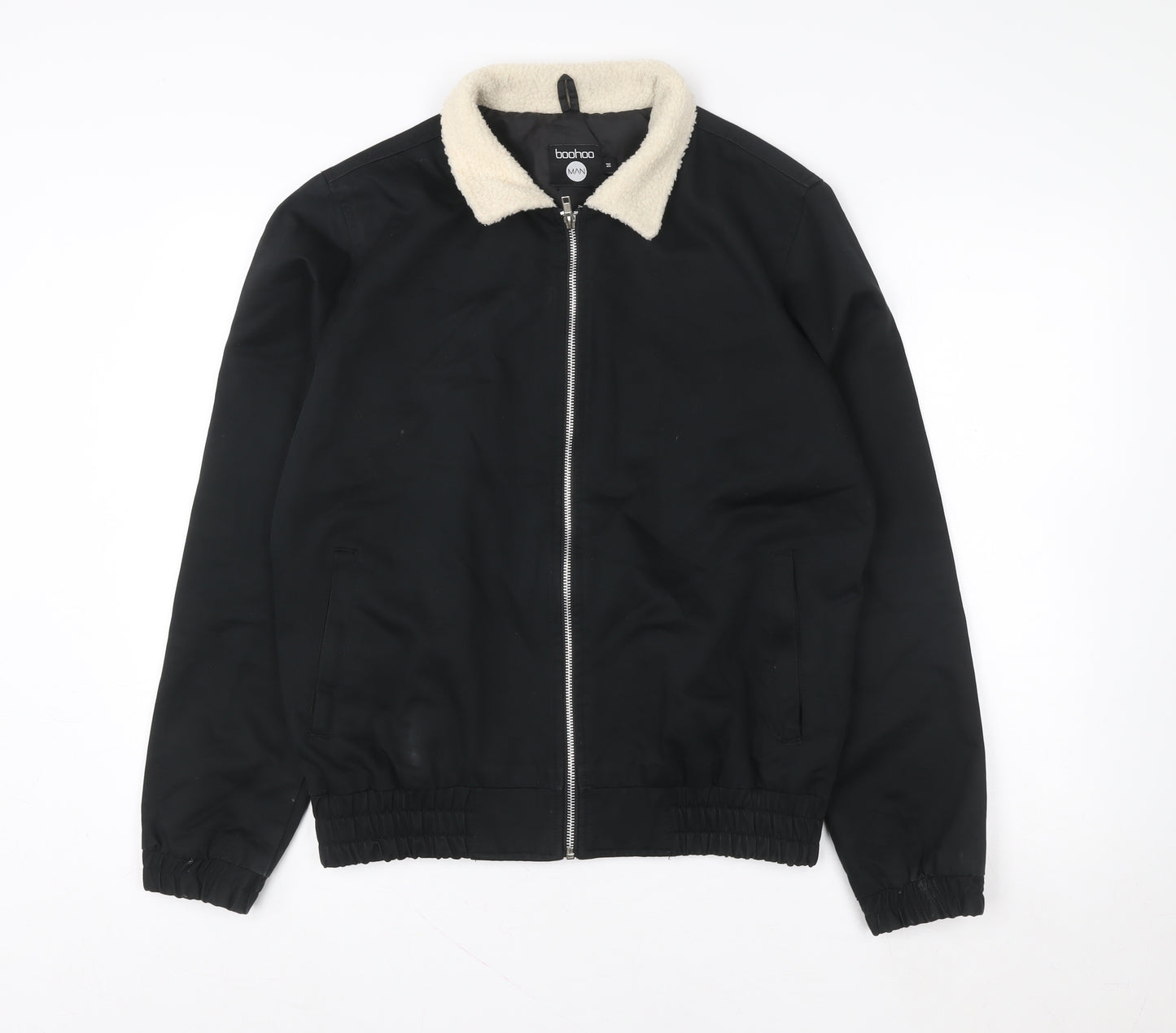 boohooMAN Men’s Black Faux Shearling Collar Bomber Jacket Size M