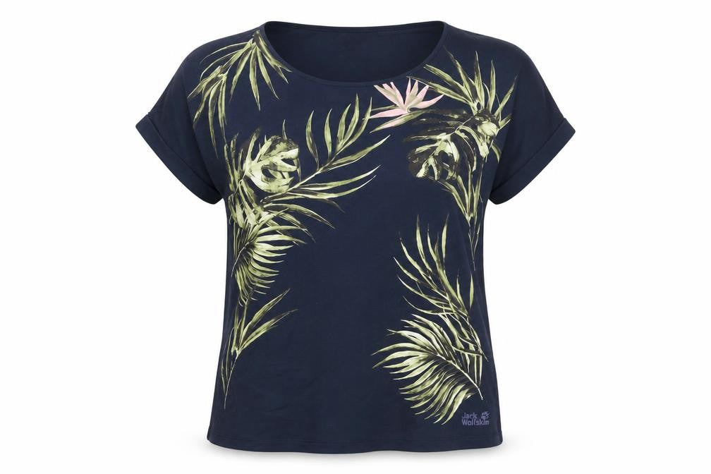 Front view of Jack Wolfskin Women's Blue Tropical Print T-Shirt, size S