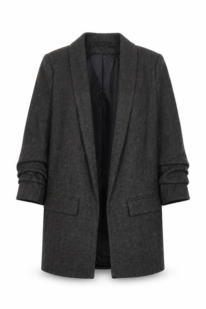 Front view of Primark Women Grey Regular Fit Long Blazer UK 8 Herringbone Wool Blend