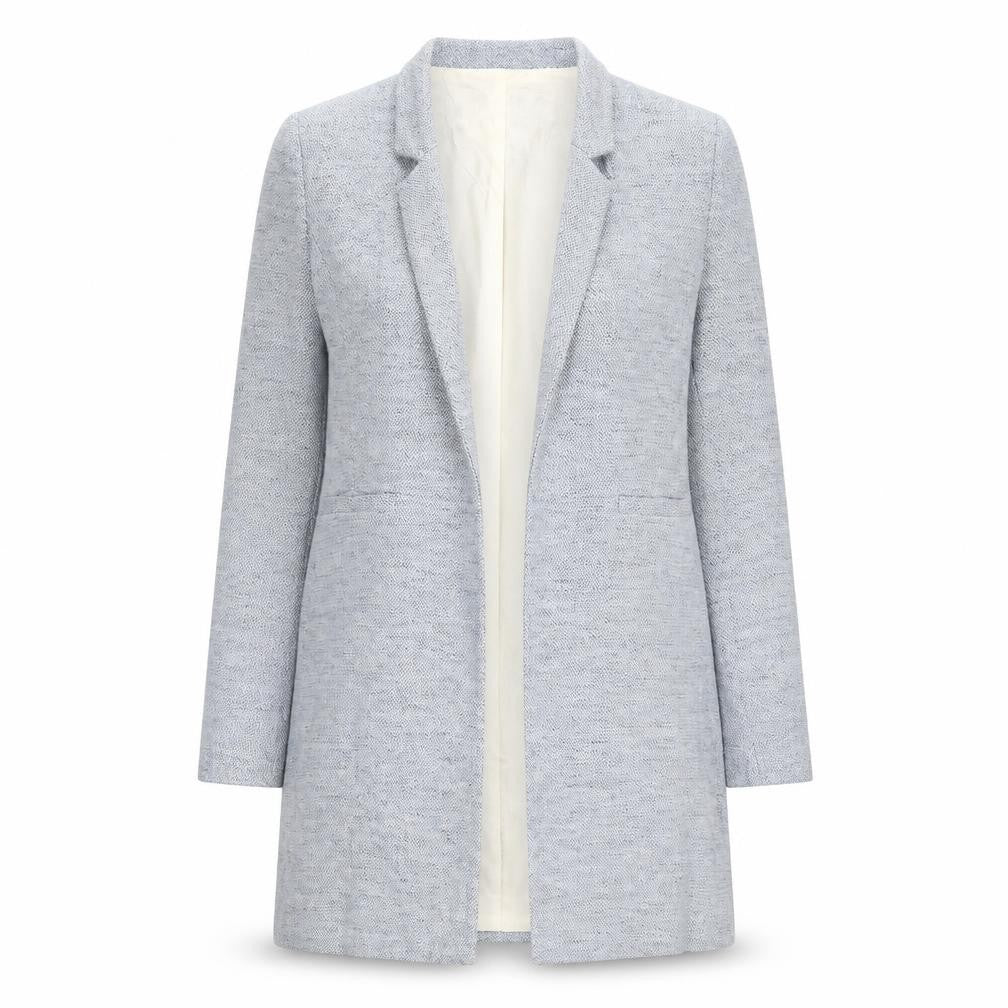Front view of Zara Women Blue, size 8, Herringbone Tweed Mid-Length Blazer