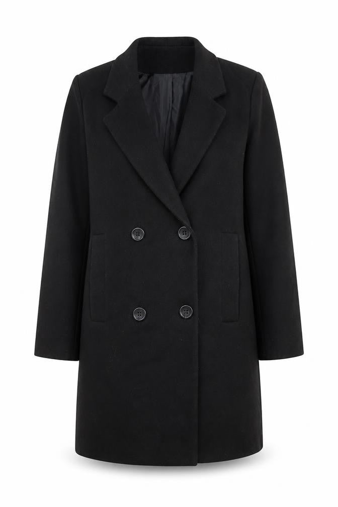 Front view of Nina Conti Women's Black Long Overcoat, size M, Lined Button Classic Style