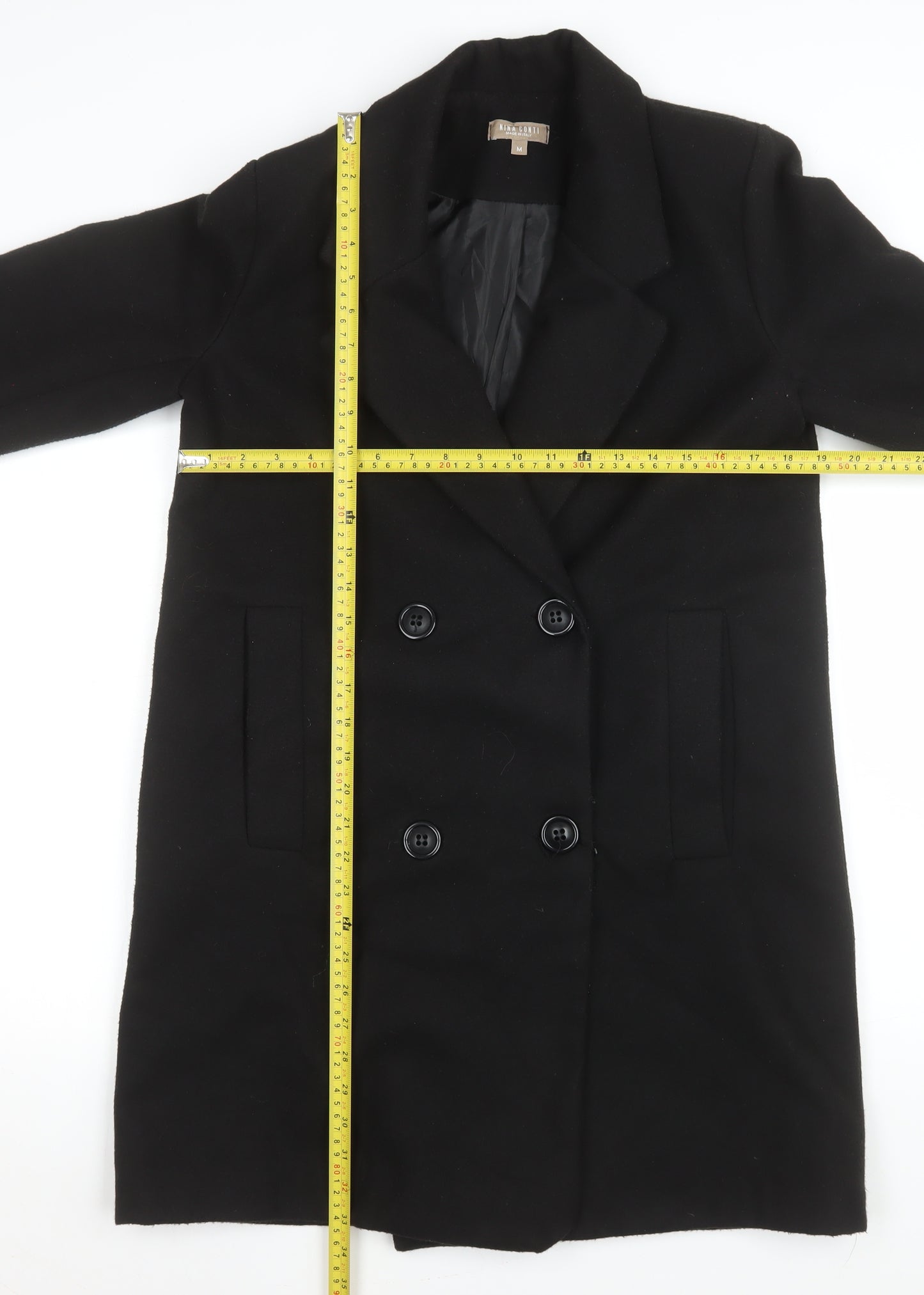 Nina Conti Women's Black Long Overcoat Size M Lined Button Classic Style