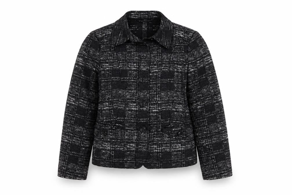 Front view of Basler Collection Women's Black Check Wool Blend Blazer, size 14