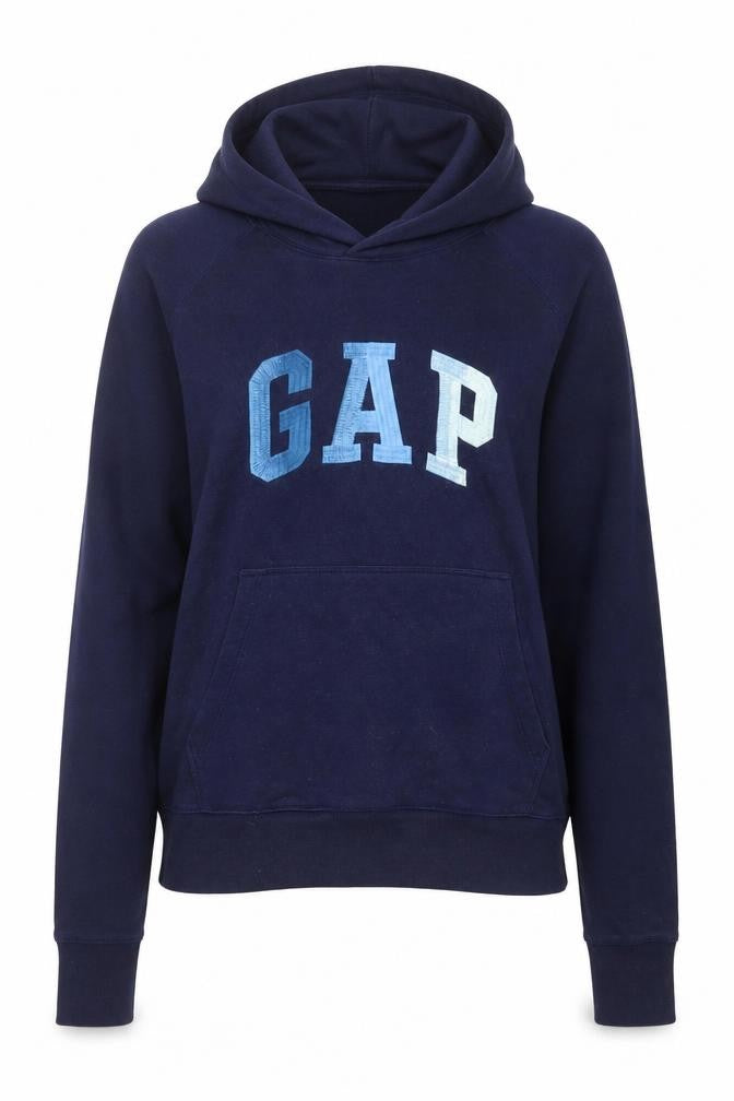 Front view of Gap Women Navy Blue Pullover Hoodie Small Cotton Blend Casual
