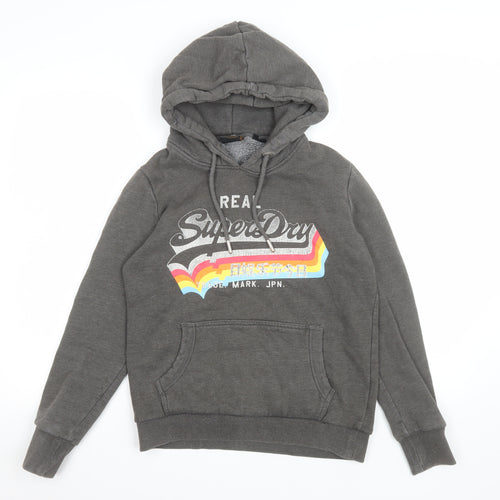 Superdry Women Grey Pullover Hoodie UK 12 with Logo Print