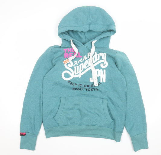 Superdry Womens Teal Pullover Hoodie L Vintage Graphic Print Casual