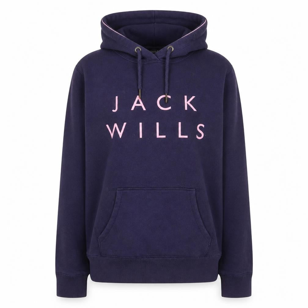 Front view of Jack Wills women’s navy blue pullover hoodie uk 12 cotton blend