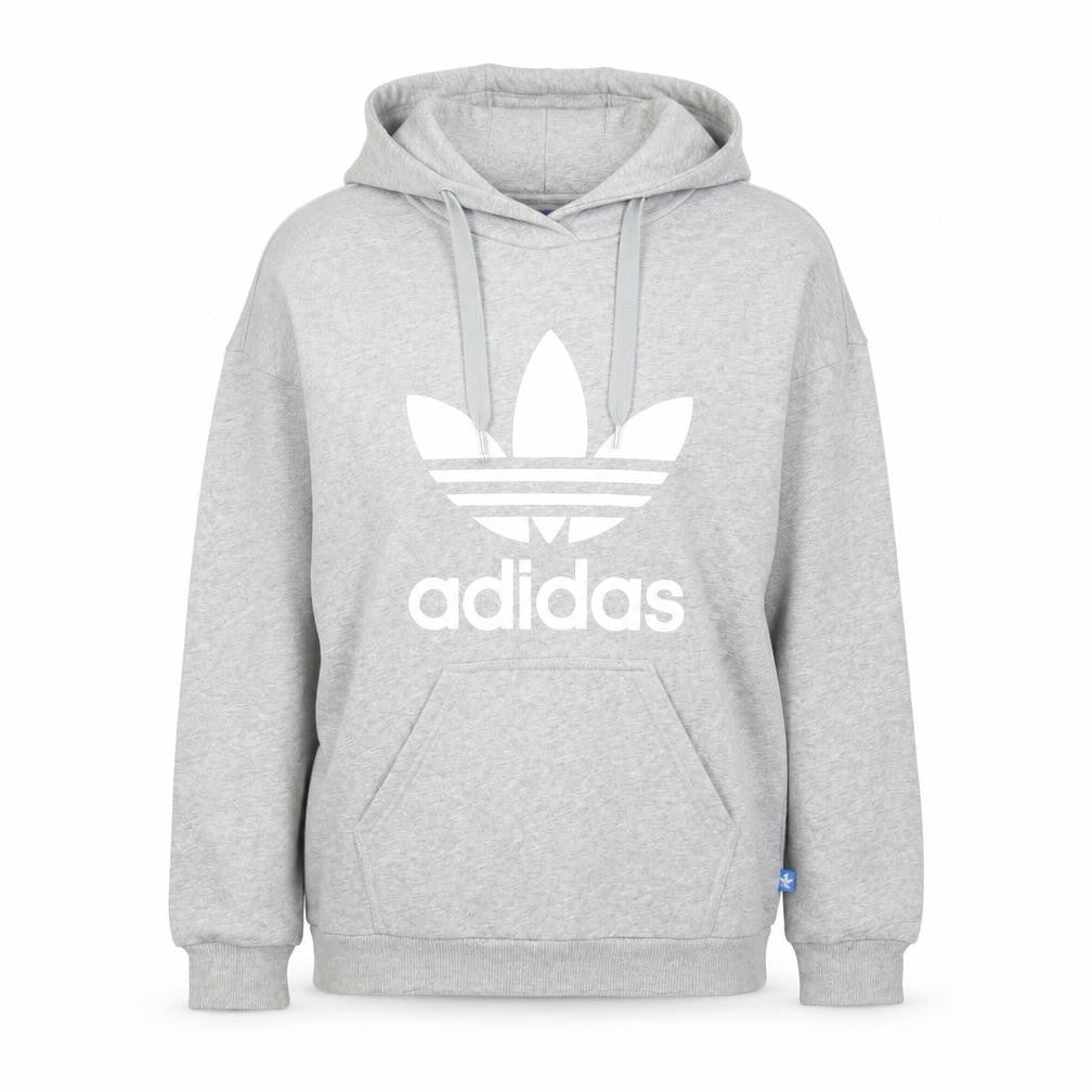 Front view of Adidas women’s grey hoodie, size UK 6, pullover cotton blend hooded sweatshirt