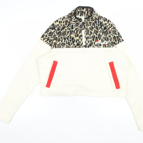 FILA Women's Beige Leopard Fleece 1/2 Zip Pullover Sweatshirt M