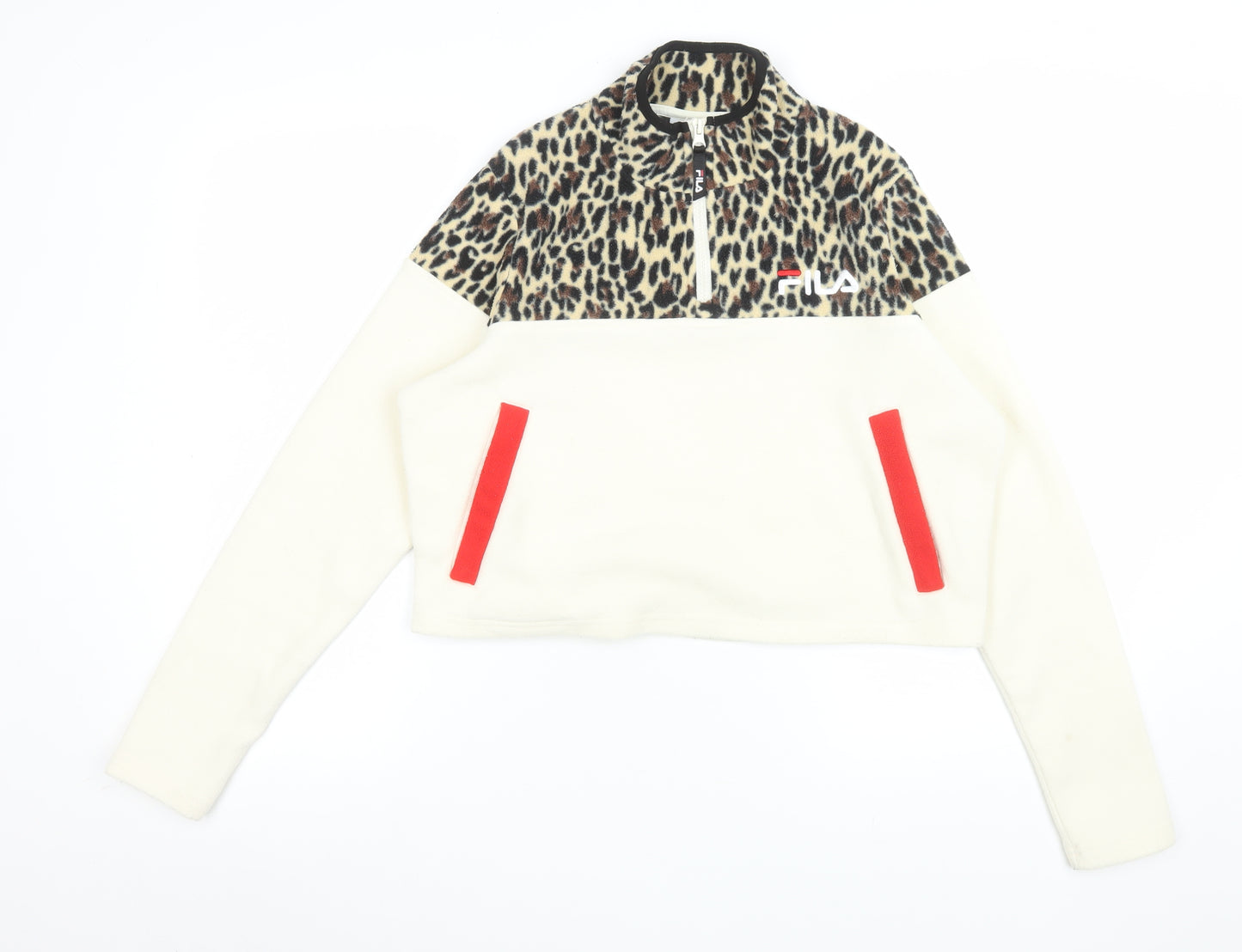 FILA Women's Beige Leopard Fleece 1/2 Zip Pullover Sweatshirt M