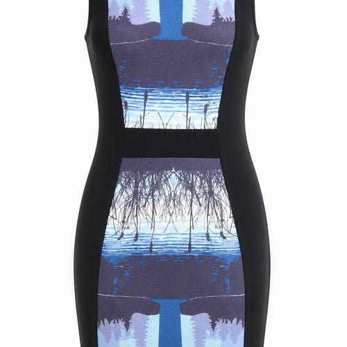 Yumi Women’s Blue Nature Print Sleeveless Bodycon Dress Size S