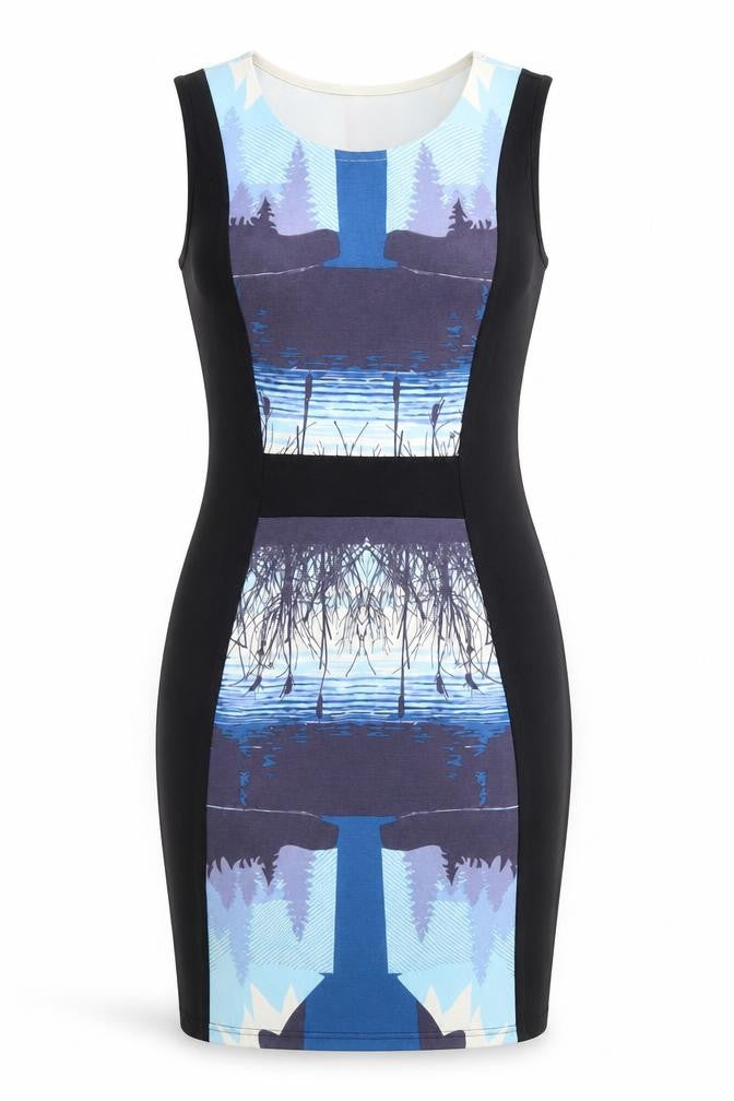 Yumi Women’s Blue Nature Print Sleeveless Bodycon Dress Size S