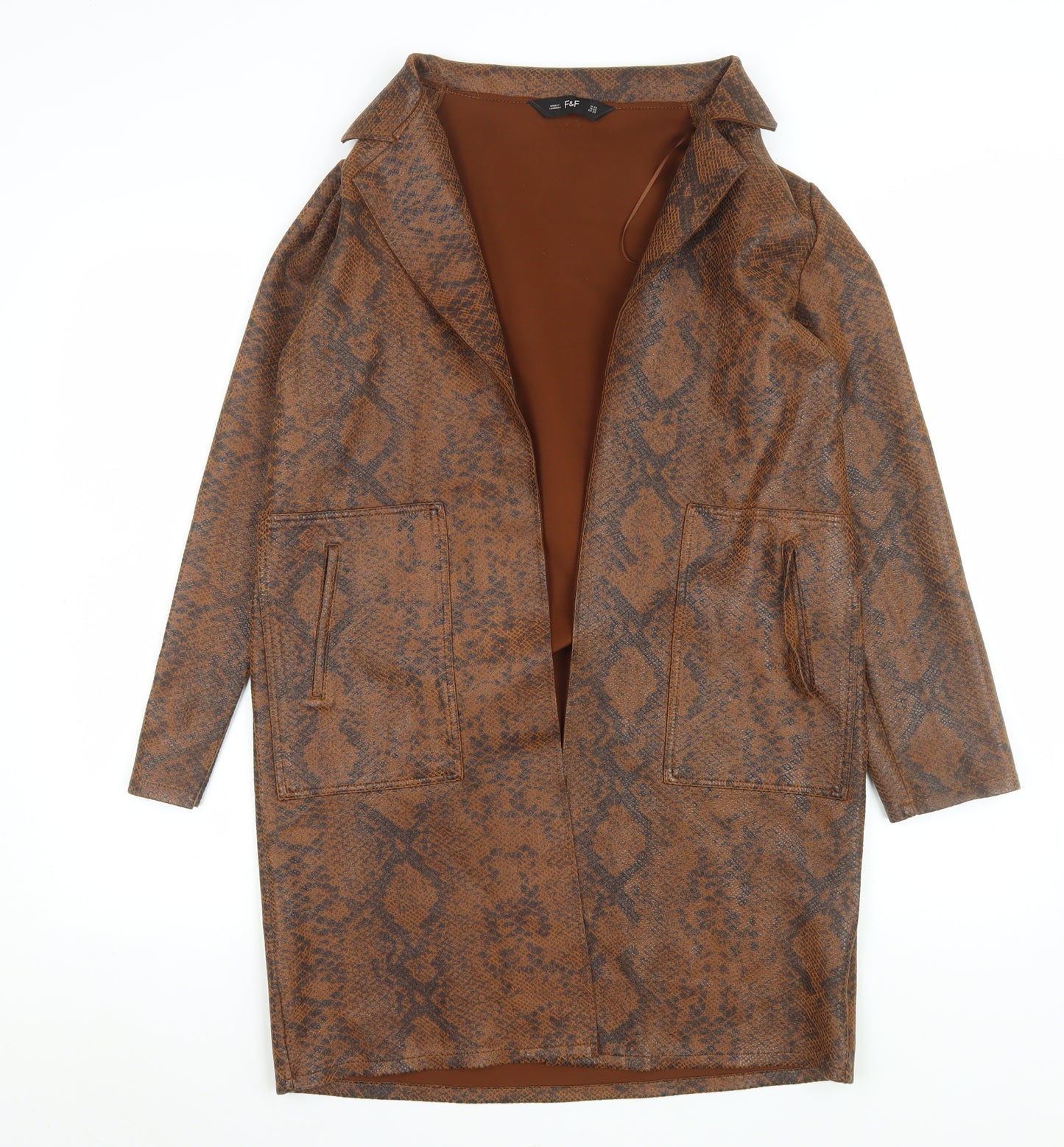 F&F Women's Brown Snakeskin Print Long Overcoat XS