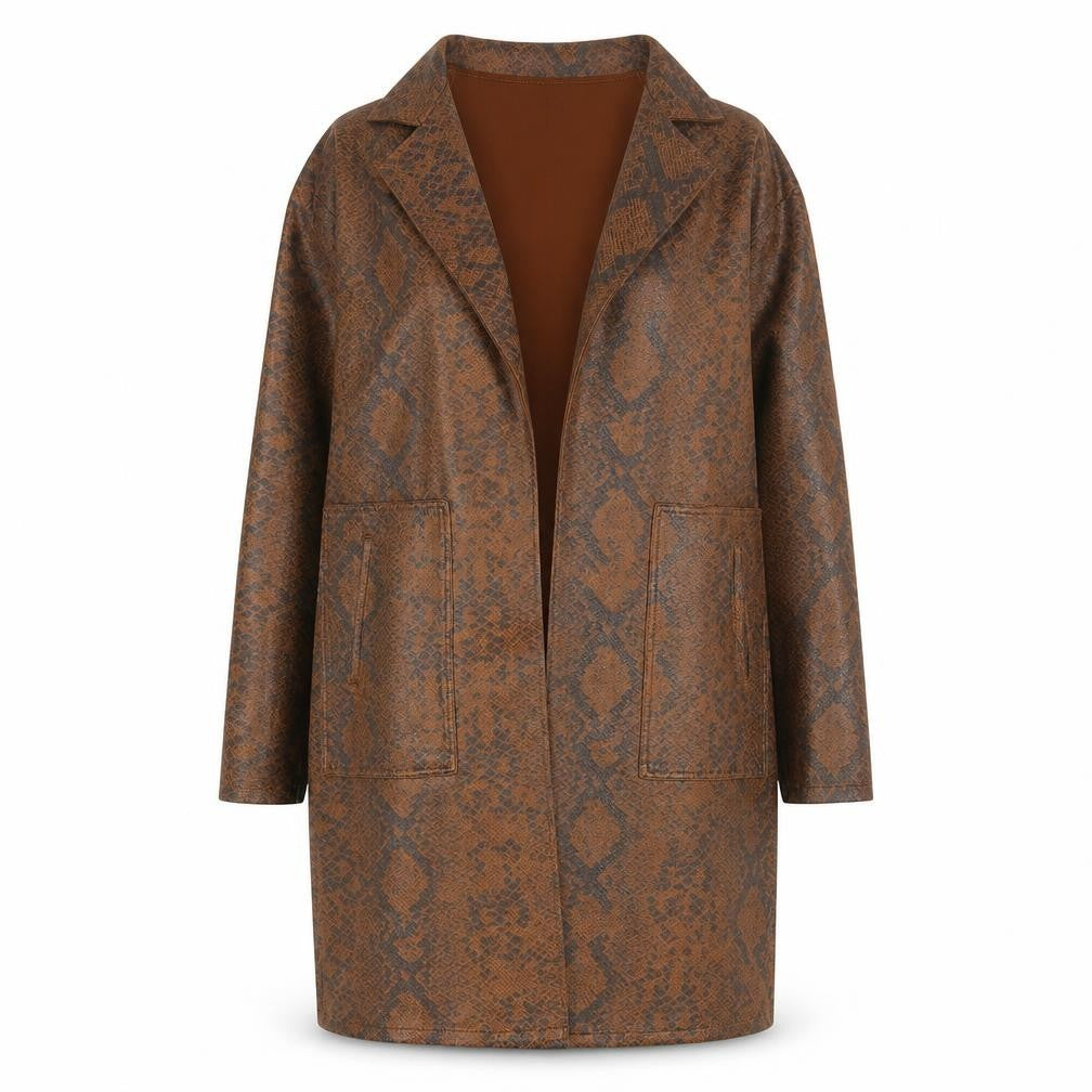 F&F Women's Brown Snakeskin Print Long Overcoat XS