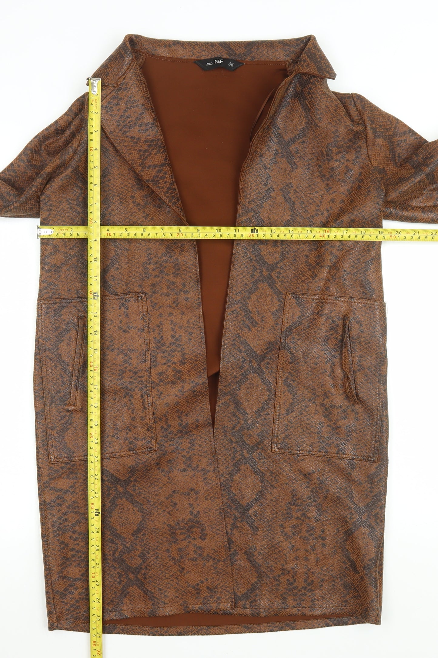 F&F Women's Brown Snakeskin Print Long Overcoat XS