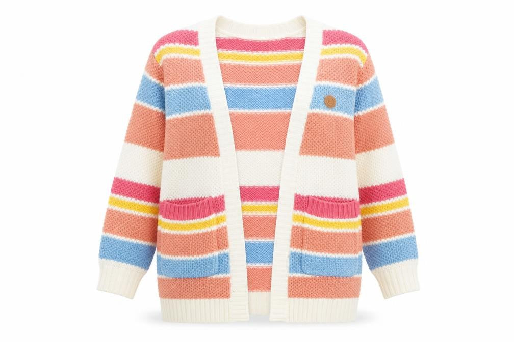 Front view of Piping Hot Women's Multicoloured Striped Acrylic Cardigan, size 7
