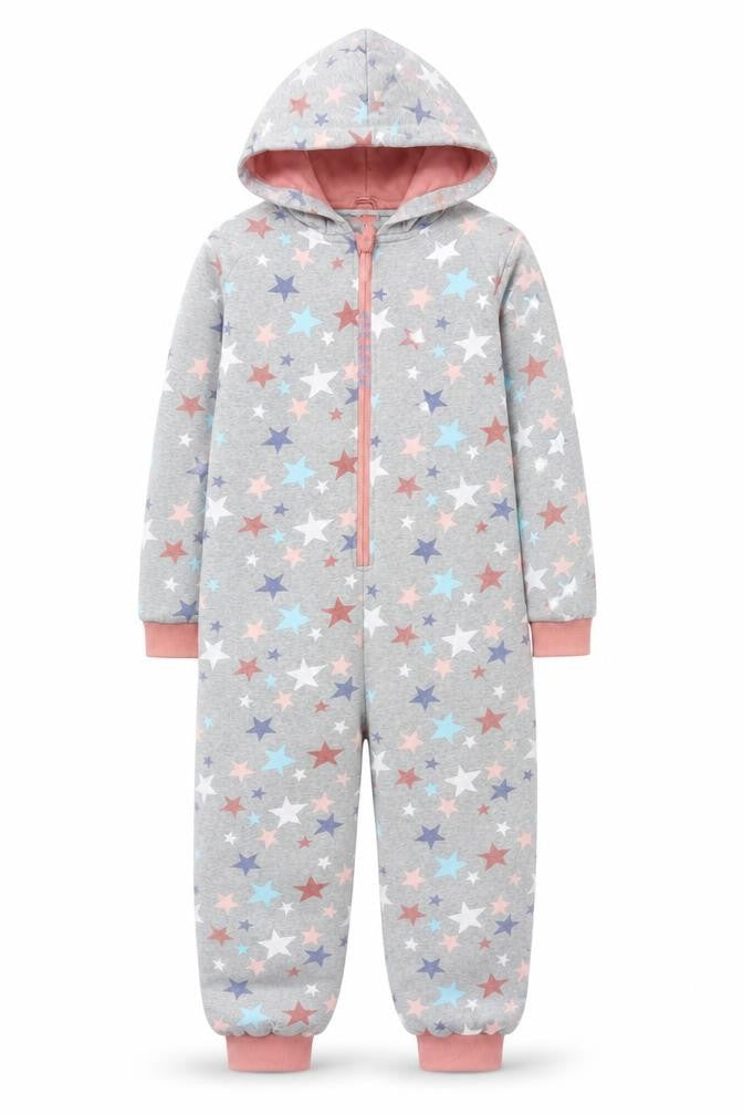 Front view of FatFace girls’ grey star print hooded jersey jumpsuit 11-12 years