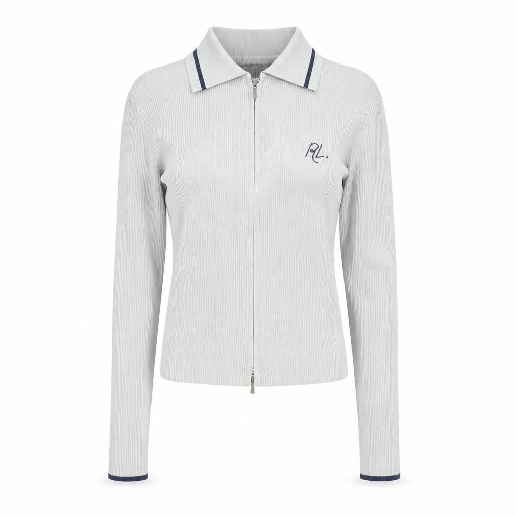 Front view of Riley Women Grey Collared Zip-Up Long Sleeve Polo Top, size S