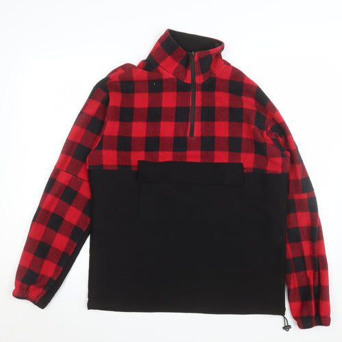 AGORA Men's Red Black Check 1/4 Zip Fleece Pullover Sweatshirt Size S