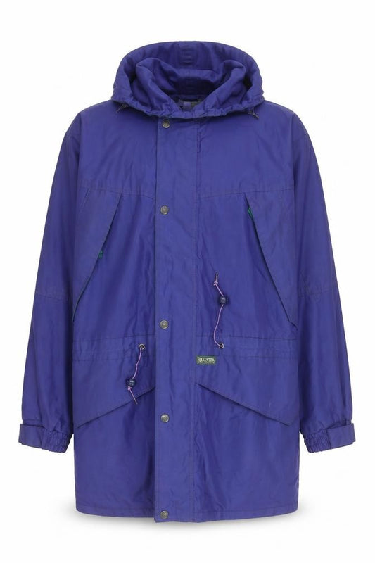 Front view of Regatta Men's Blue Waterproof Parka Jacket, size S, 38in Hooded Outdoor