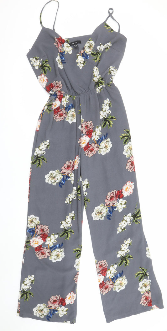 New Look Women Grey Floral Wide-Leg Jumpsuit Size 12 Polyester Blend