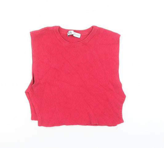 Zara Women Red Cropped Ribbed Tank Top Size 12 Cotton Blend